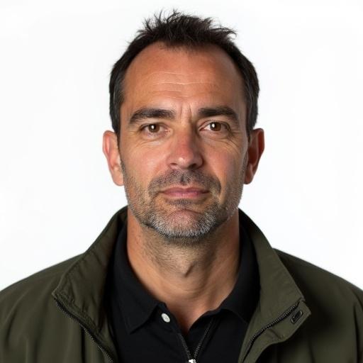Portrait of a man with neutral expression. He looks directly at the viewer. Oval face with slight jawline. Medium complexion with few facial lines. Light stubble on cheeks and chin. Short dark brown hair, thinning at the top. Thick, dark eyebrows. Medium-sized, dark brown eyes. Straight nose. Closed lips. Wearing a khaki green jacket over a dark shirt. Plain white background. Soft, even lighting highlights facial features.