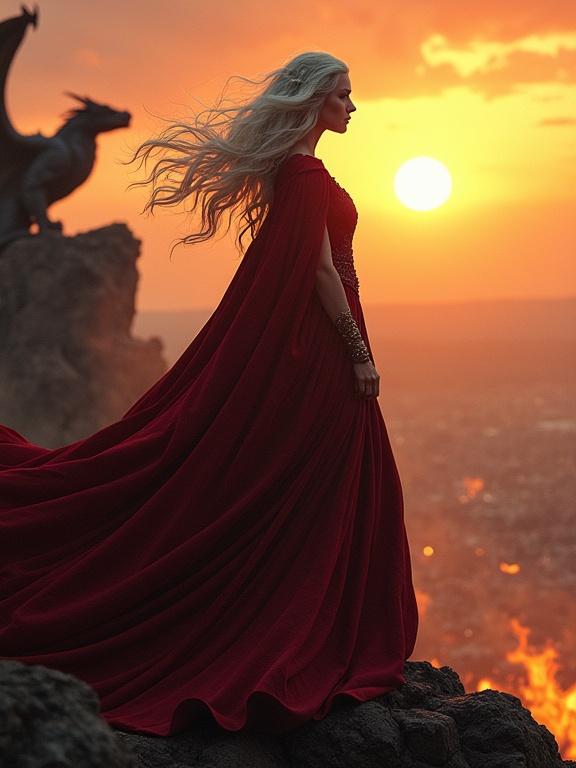 Majestic fierce queen on scorched cliff at sunset. Wind blowing through silver-white hair. Intricate dark crimson gown flowing. Massive dragon perched on blackened rocks. Queen gazes out over devastated battlefield. Fiery sky with ash and golden embers. Cinematic ultra-detailed 8K, dramatic lighting, dark fantasy atmosphere.