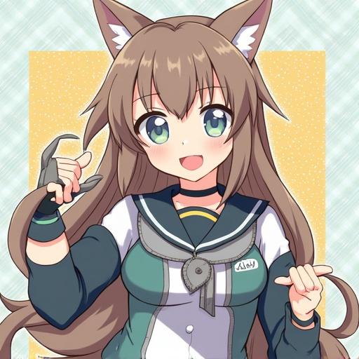 Anime character with cat-like features. Cheerful expression and playful pose. Wearing a school uniform with a unique design.