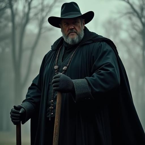 Image of a large middle-aged man dressed in black funeral attire and a black cowboy hat. He holds a shovel and has a muscular build with wide shoulders.