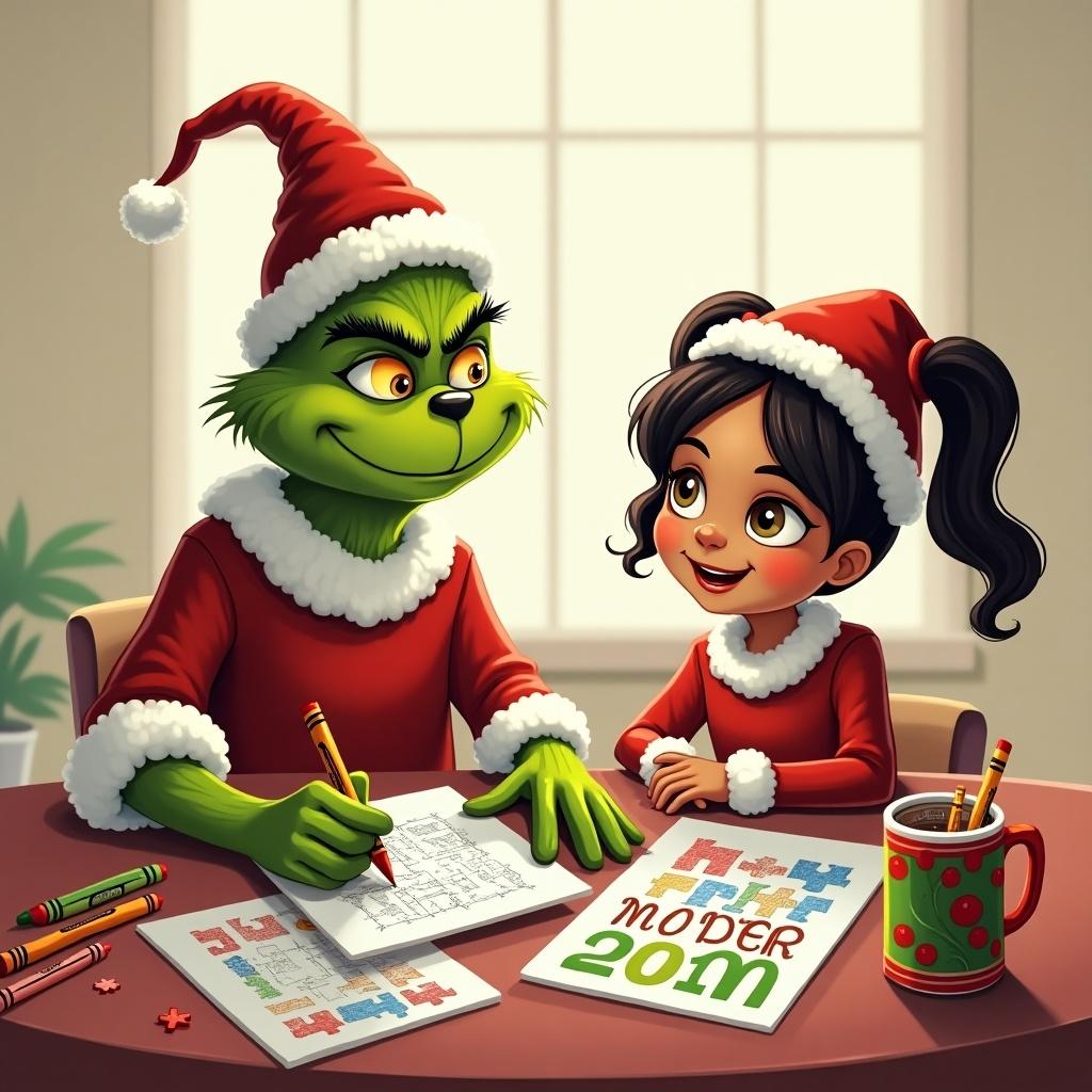 Grinch smiles with a girl at a table. Girl has ponytails and dressed as an elf. They write names with crayons. Table has puzzles and coloring materials. Cup with hot chocolate is present. Transparent background.