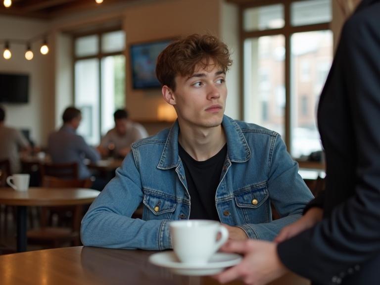 A young man with brown hair sits alone at a wooden table in a spacious, softly lit café. He looks contemplative and wears a blue denim jacket over a black t-shirt. A server holds a white cup on a saucer, indicating service. The café has large windows allowing natural light to stream in, creating a warm glow. In the background, patrons are engaged in quiet conversation.