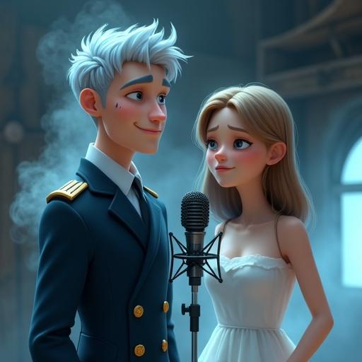 Two hosts in a ghost ship recording studio with mist beside the microphone. Male host has silver-gray hair in captain's uniform with ghost-like marks, sad smile. Female host with golden-brown hair in ghostly white dress, sad expression. Background has dilapidated ship hull and sea mist. Style blends Disney-Pixar animation realism with vibrant colors. Dramatic lighting.