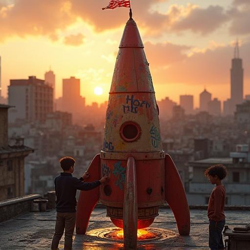Children work on bolts of a handmade rocket on urban rooftop at sunset. The rocket is made from junkyard parts with bright graffiti. Toy flags adorn the rocket. Warm backlight creates a hopeful atmosphere. Urban fantasy style with gritty textures and vibrant accents.