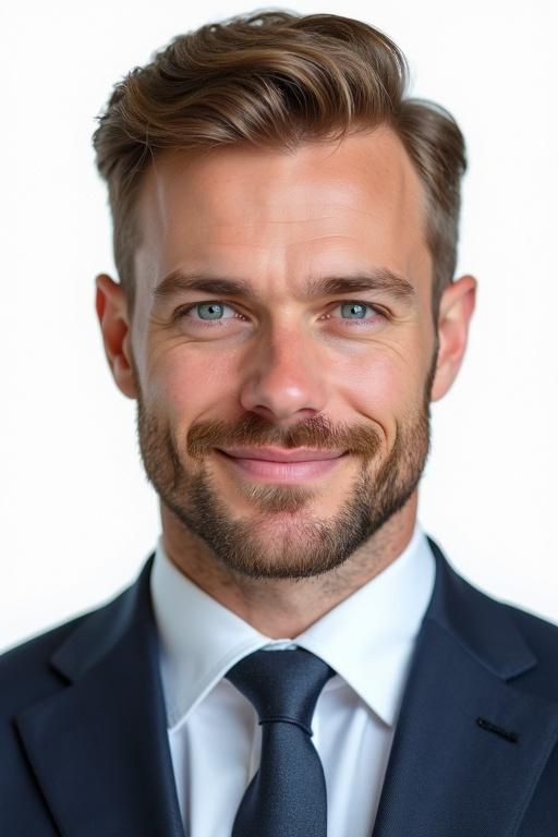Professional portrait of a European man. He has light blue eyes and a friendly smile. His hair is light brown and styled modern military. He wears a suit with a modern tie. The background is white. He appears strong and serious. The image is natural and suitable for a professional profile site.