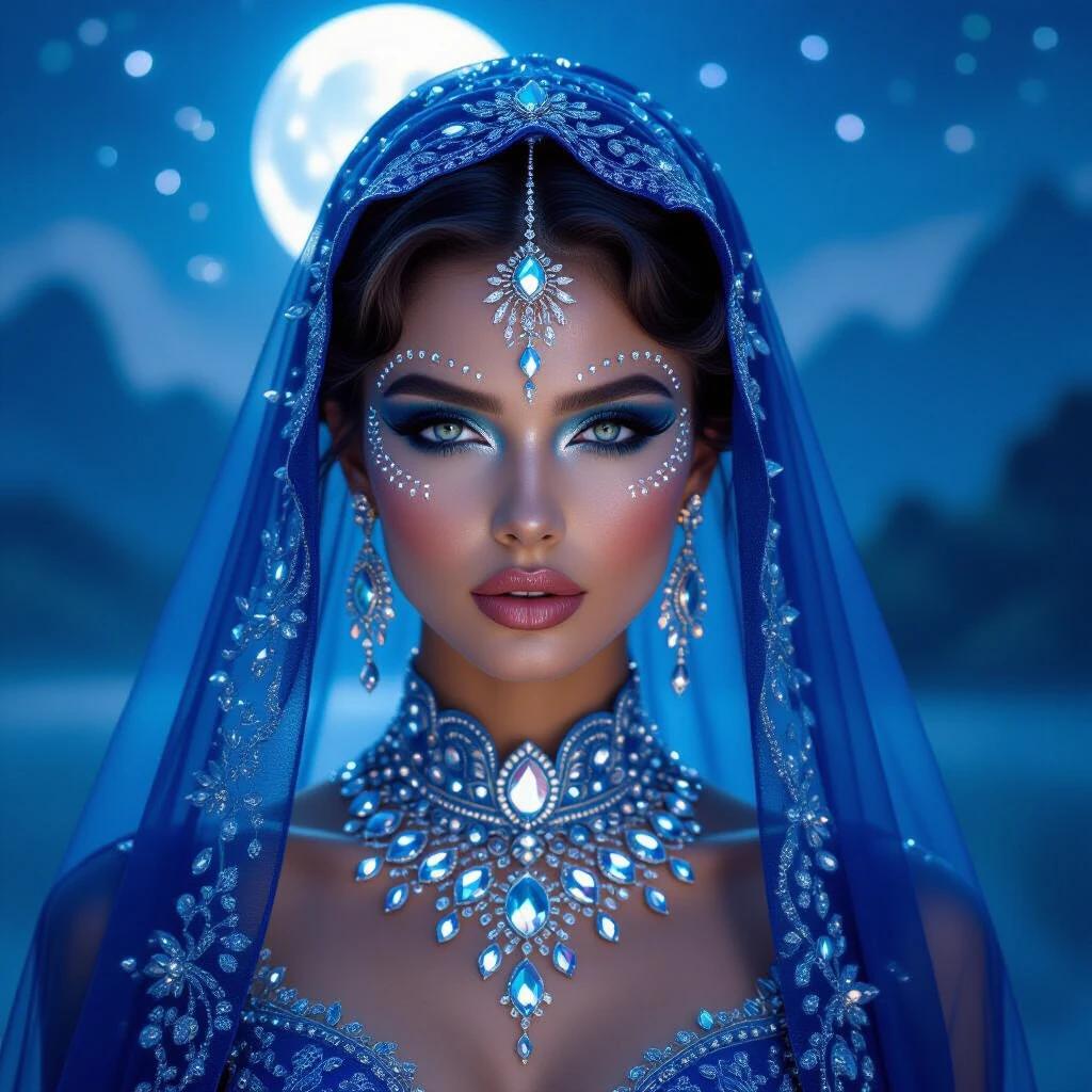 A captivating figure emerges from celestial blues and shimmering silvers. Her skin adorned with crystals glimmers under the moonlight. A deep blue veil cascades gracefully over her head. Piercing eyes highlighted with dramatic makeup evoke mystery. Misty mountains and tranquil water in the background create depth.