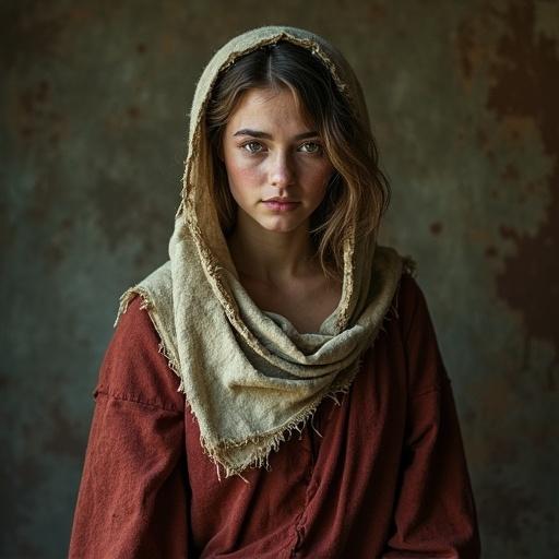 Portrait of a young woman wearing worn traditional clothing. The atmosphere reflects historical poverty with muted colors and soft lighting.