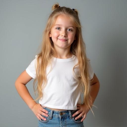 Image of a seven-year-old girl with long blonde hair. She wears a crop top t-shirt and mini skirt. Soft gray background enhances her charm. Soft lighting creates a warm atmosphere. Relaxed pose with one hand on her hip shows confidence.