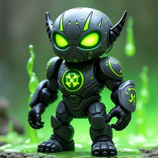 Design a fantasy cartoon-style monster toy inspired by collectible figures from early 2000s. This is Slick Striker, a warrior of the Tribe of Oil, standing at 10 cm. He has sleek armor with oil droplet patterns and a mask with glowing green eyes. Avoid realistic anatomy: no visible muscles or skin textures. Everything should look molded and toy-like. Add hose-like appendages, a chest emblem resembling a spill. The style is cartoonish and glossy with bold outlines.