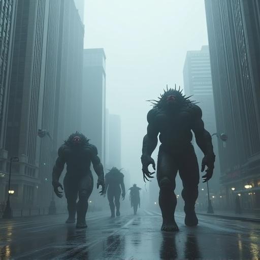 Grotesque towering beings with mismatched body parts march on a slick paved street. The city is foggy with skyscrapers in the background. Their massive forms cast shadows. Larger giants are seen in the distance.
