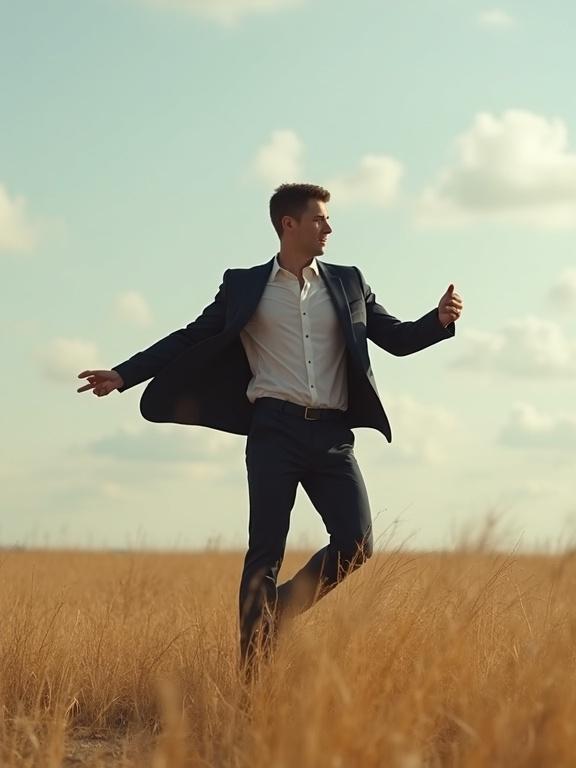 A man dances confidently in an open field. He spins with flair as his suit flutters in the breeze. The background includes a wide sky and tall grass.