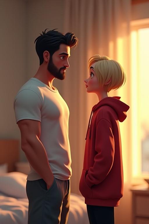 Cartoon scene in a Pixar-style 3D animated universe. Softly lit bedroom. Man with dark hair and beard in white t-shirt. Young woman with blond hair in red hoodie. Charged moment of silence. Warm cinematic shadows and ultra-HD textures.