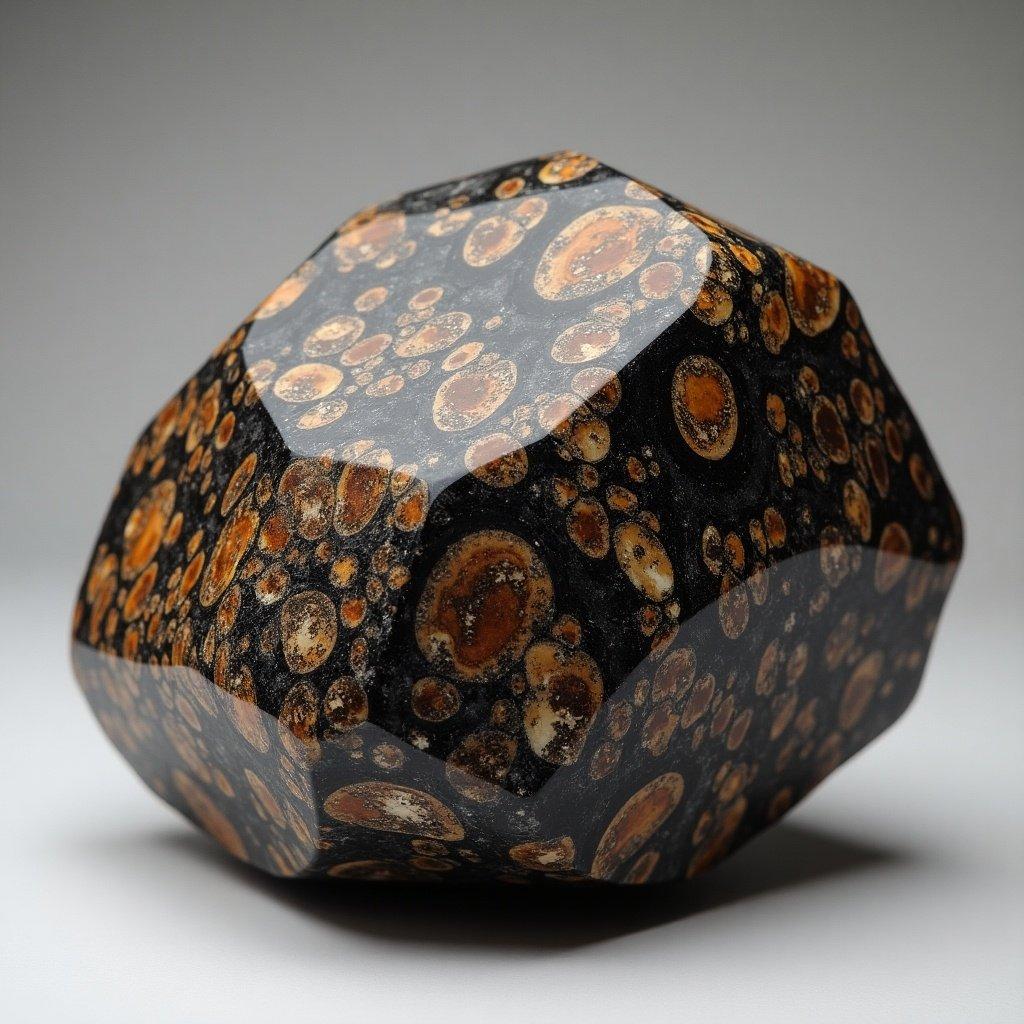 Natural schalenblende rough stone with a polished appearance. The stone features intricate circular patterns in brown and orange shades within a dark background. The shape is abstract and faceted.