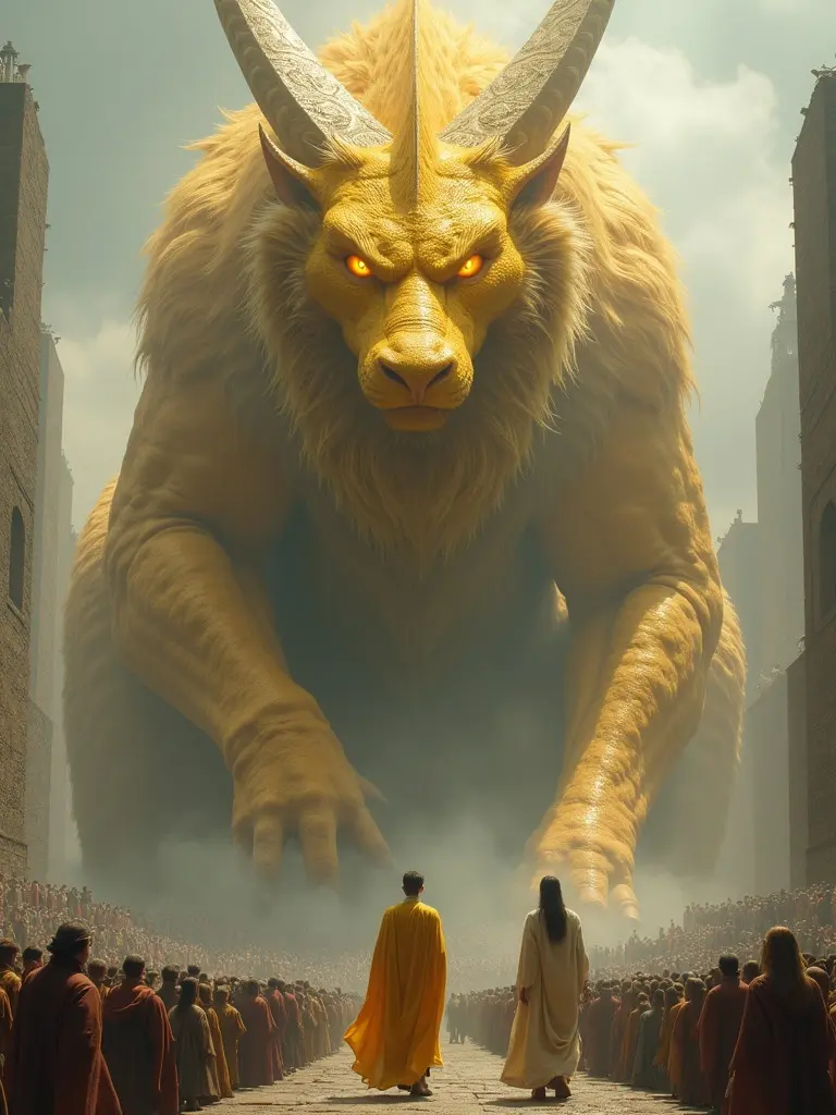 A giant golden beast with orange glowing eyes towers majestically over a crowd. Shimmering golden scales and thick fur create a divine presence. Sunlight breaks through clouds, illuminating the scene. Two robed figures stand on a platform, observing in awe. The setting suggests an ancient worship ceremony amid giant stone structures.