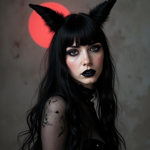Goth girl with striking black lipstick and dark flowing hair. Cat-like ears accentuate her look. A large red circle in the background adds a moody ambiance. She is dressed in a black outfit that enhances her goth aesthetic.