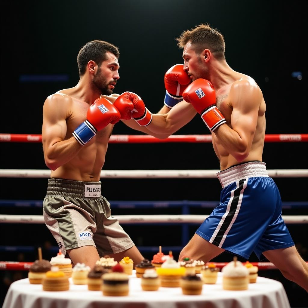 Two boxers are competing in a ring. One boxer throws a jab while the other responds with a jab. One boxer pivots and slips the jab. The boxer on the left has a less defined physique, while the one on the right is well-built. A table with desserts is in front of them.