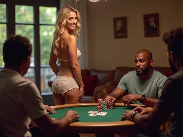 Blonde woman in booty shorts stands in living room while watching her husband play poker with friends. View from behind the woman. The men are focused on the game.