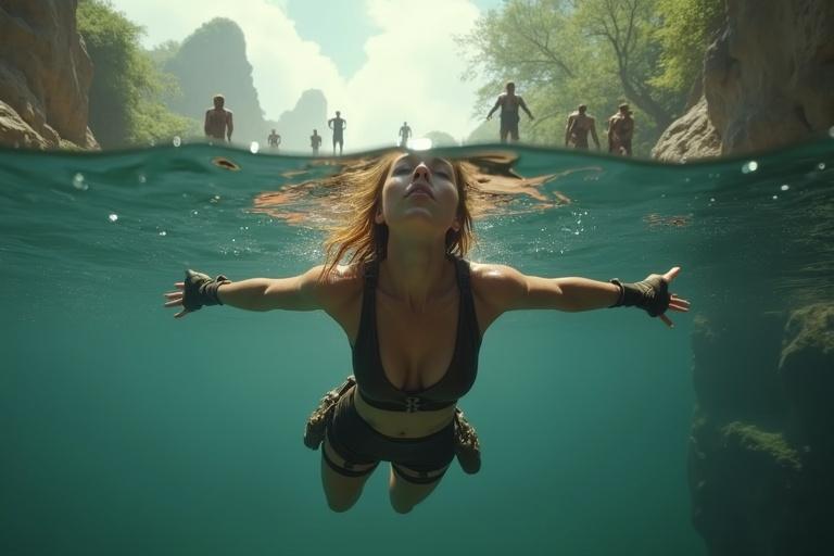 Camera perspective is underwater facing up toward the sky. Lara is in a swimmer's pose descending. Golden hair floats around her head. She wears a dark crop top, shorts, and rugged boots. Tribal cannibals are silhouetted on the edge of a cliff. Mist from a waterfall drifts above. Sunlight reflects the scene.