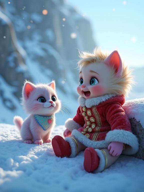 A royal baby is bundled in warm cloths on a snowy cliff. The baby wears a red velvet onesie and tiny booties. A cute pastel kitten with a blue bandana stands nearby. The scene is magical with falling snow and soft light. The atmosphere is tense and dramatic. 