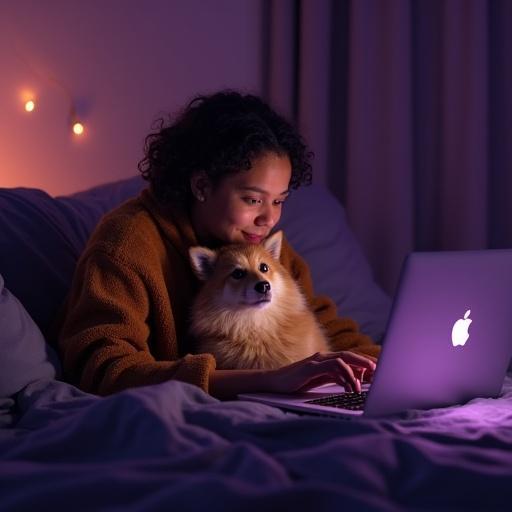 Ultrarealistic portrait of a happy young family in a cozy living room with a laptop against a dark purple background.