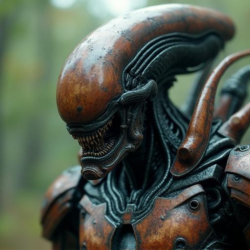 Morphing design blending Iron Man armor with organic Alien Xenomorph. Character has futuristic, scary, and organic features. Design is inspired by H. R. Giger. Appearance is rusty, slimy, with eerie elements. Show character in action, in alert mode. Depth of field effect present. Captured in cinematic style with low angle perspective and intricate details. High-resolution output.