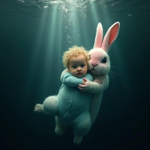 Underwater setting includes a baby with curly blonde hair in a light blue onesie. The baby is submerged in murky water showing surprise. Bubbles rise around adding a serene atmosphere. A large pink rabbit swims towards the baby. The rabbit's fur glows softly. The rabbit cradles the baby, exuding care. Sunlight beams filter through the water, illuminating them.