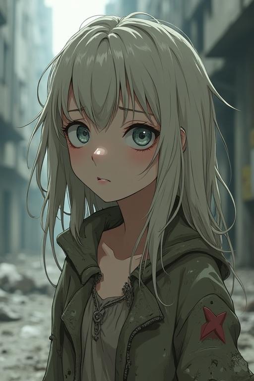 Teenage girl in a post-apocalyptic setting. She has pale skin and long messy ash-blonde hair. Gray eyes show confusion and fear. Wearing tattered clothing. Her posture is slightly slumped. The scene has soft lighting, emphasizing her fragile and otherworldly appearance.