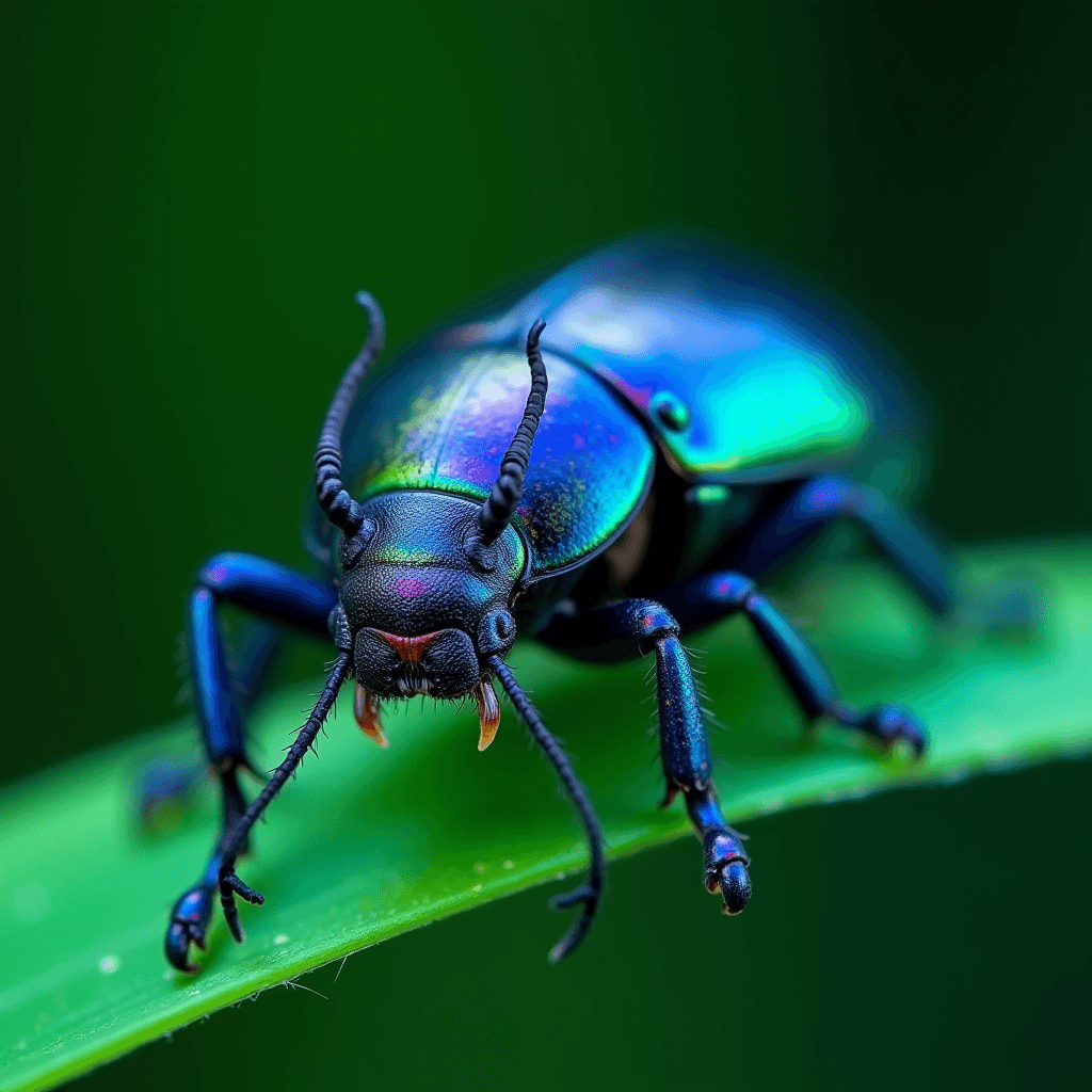 A close-up of a vibrant, iridescent beetle perched on a green leaf.