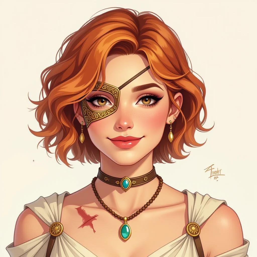 Portrait of a woman with short strawberry blonde beach-waves. Brown eyes with one covered by a patch. Adult woman in her mid-30s with a subtle smile. She has a scar on her chin and neck. Bandages are visible on her chest. An ugly necklace with a single stone is worn. The portrait reflects an Ancient-Grecian fantasy style.