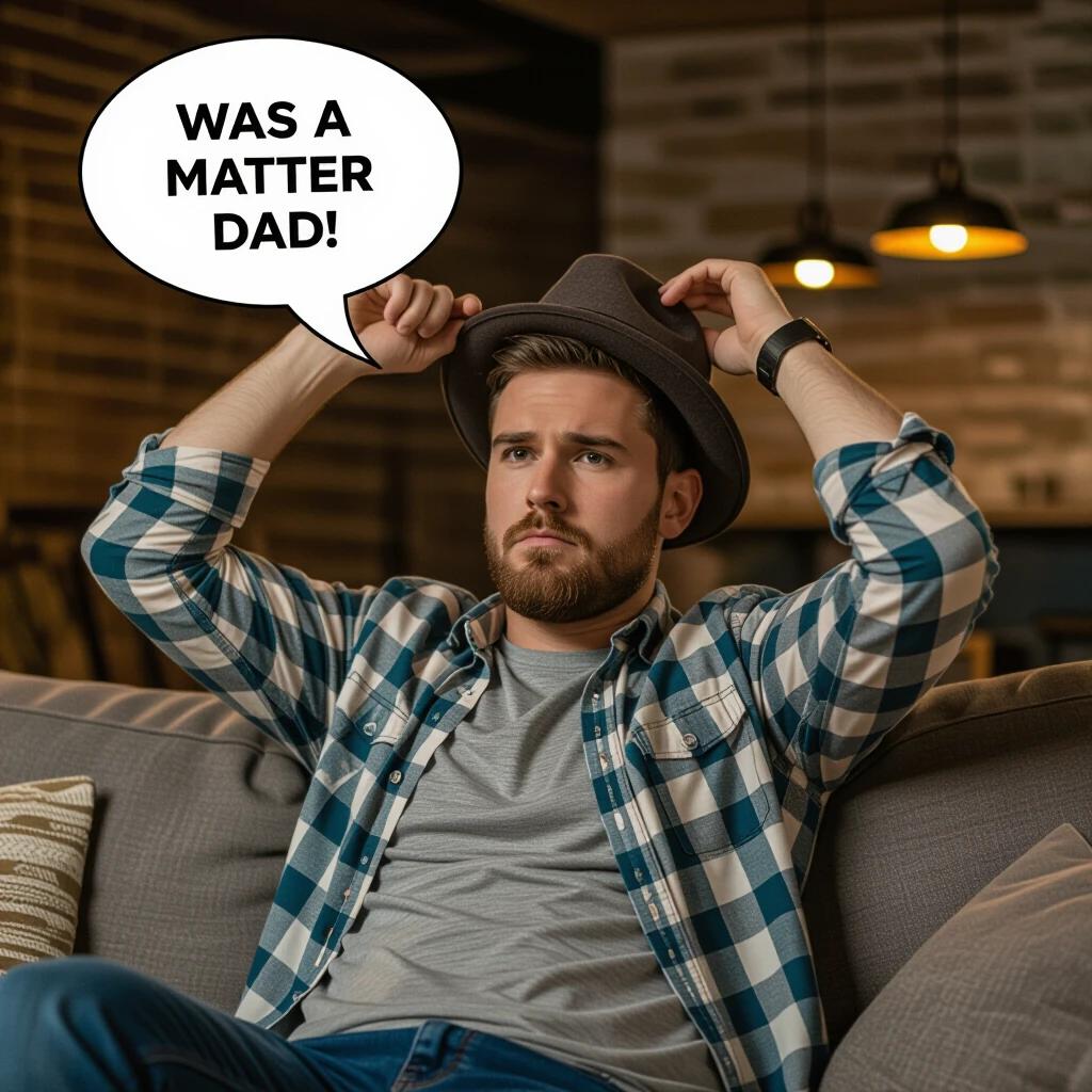 A person sits on a couch wearing a crooked hat. The individual expresses a humorous attitude. A statement is visible: 'was a matter dad'.