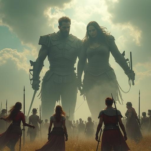 Two gigantic figures stand together in a barren landscape. Warriors surround them in a dramatic pose. High contrast silhouette effect against a cloudy sky. Ethereal and powerful atmosphere.