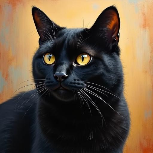A black cat painted in oil. The cat has striking yellow eyes. Its fur is glossy and well-defined. The background is warm with soft orange hues.