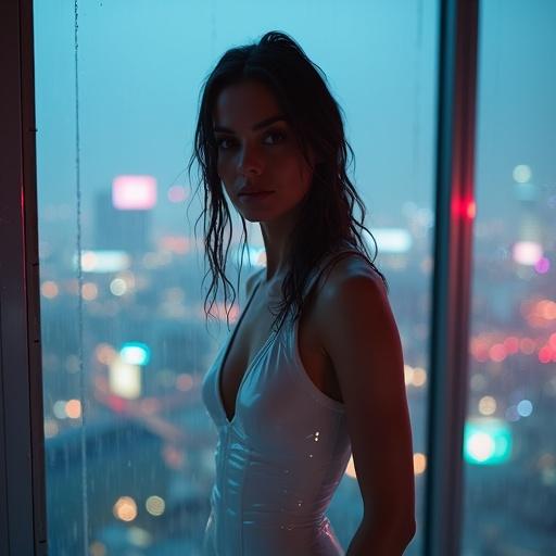 Cinematic mid shot featuring a woman in latex clothing. She stands in a luxurious penthouse. The view showcases a futuristic Los Angeles cityscape. Floor-to-ceiling windows display neon city lights and flying cars. Rain streaks down the glass. The room has moody lighting with reflections.