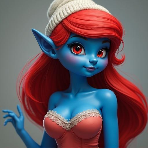 A female smurf with red eyes has a curvy body and colorful hair. The character is designed in a realistic style with a more busty appearance.