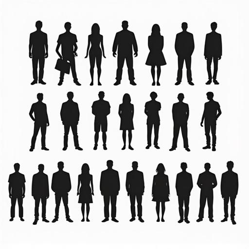 Generate a vector image of silhouette people standing in two rows against a white background. The figures vary in height and gender and are evenly spaced. The style is simple and minimalist.