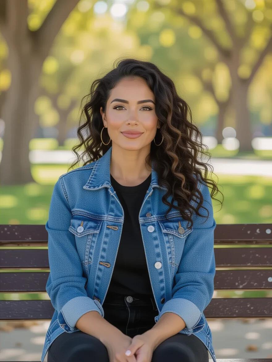 Photo of a woman seated on a park bench. She has curly hair, wearing a denim jacket and black jeans. She appears calm and approachable. Trees and sunlight create a serene outdoor atmosphere.