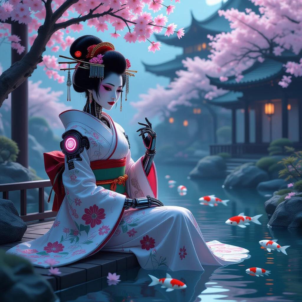 Biomechanical geisha with cybernetic enhancements seated in futuristic teahouse. Cherry blossom trees and koi pond surround the scene. Glowing plasma kimono showcases organic and technological fusion. H.R. Giger inspired style with vibrant colors and contrasts.