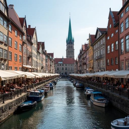 A beautiful canal lined with colorful historic buildings. A church tower is visible in the background. People are seated at outdoor cafes. Bright clear sky and calm water reflect the architecture. Boats are moored along the canal.