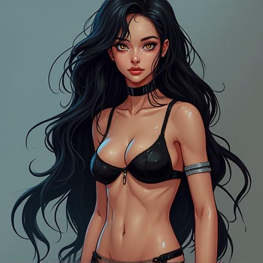 Futuristic anime style character with cybernetic touches. Simple design with seductive features. Innocent and seductive expression. Clear skin with a natural blush. 150 cm tall with Latin skin tone. Aluring woman with long wavy hair and lingerie attire. Cybernetic yellow eyes. Pronounced figure.