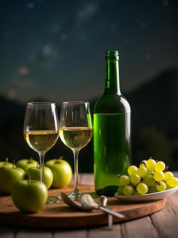 Two glasses clinking with green wine bottle in front of small plate of green grapes and green apples. Soft warm dim light all around at night with starry sky.