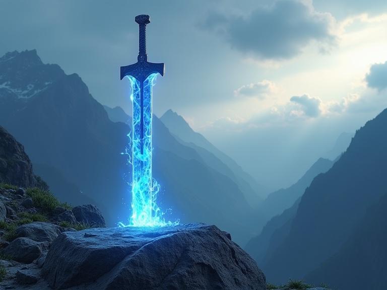 Sword made of glass with flames of blue fire. Sword sticks out of the ground made of rocky terrain. Mountains visible in the background. Sky has blue and gray clouds. Sunlight barely peeks through clouds.
