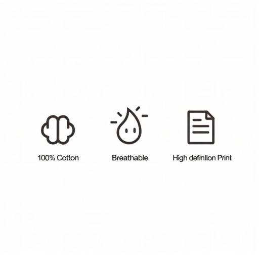 Three minimalist icons representing cotton airflow and print durability on white background each icon above corresponding label 100% Cotton Breathable High-definition Print clean infographic style
