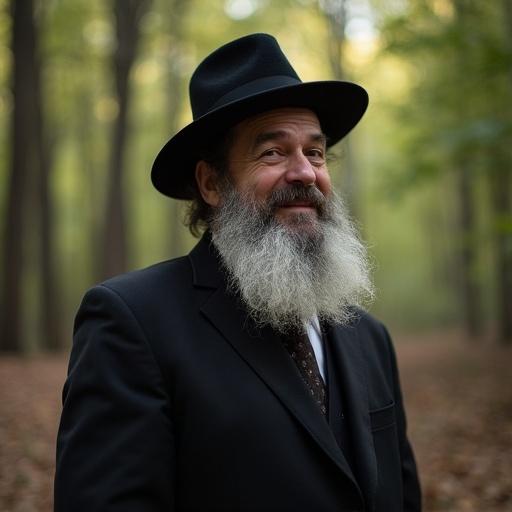 Portrait of an individual wearing traditional Hasidic attire with sidelocks in a forest setting. The person appears joyful and immersed in prayer.