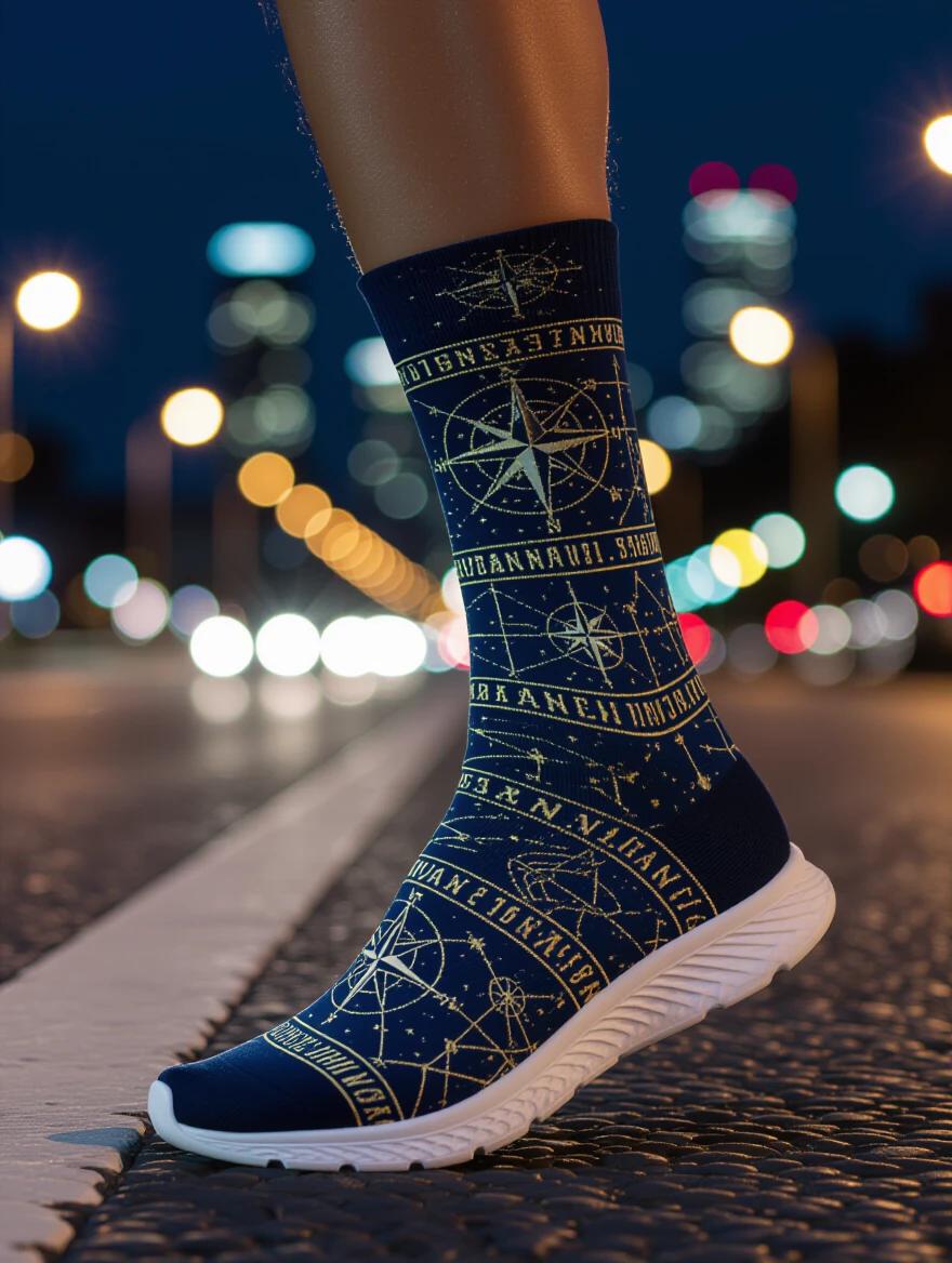 Nighttime photograph shows running leg with crew socks. Socks feature celestial navigation patterns in deep navy and gold. Metallic gold threading creates glowing constellations. Urban landscape with blurred city lights enhances celestial theme. Low-light photography captures athletic movement and intricate designs. Patterns incorporate compression zones and appeal to adventure seekers. Emphasis on connection between celestial guidance and athletic journey.