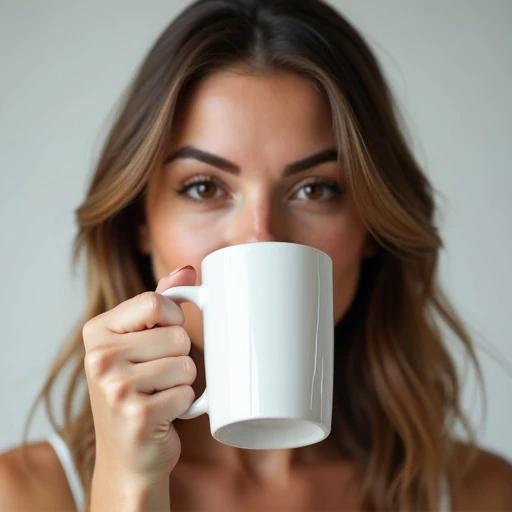 Brunette woman holds a white cylindrical mug in right hand. Mug appears rectangular. The focus is on the mug and hand. The scene has a calm and inviting atmosphere.