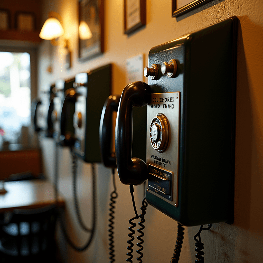 A row of vintage rotary dial payphones mounted on a wall in a cafe.