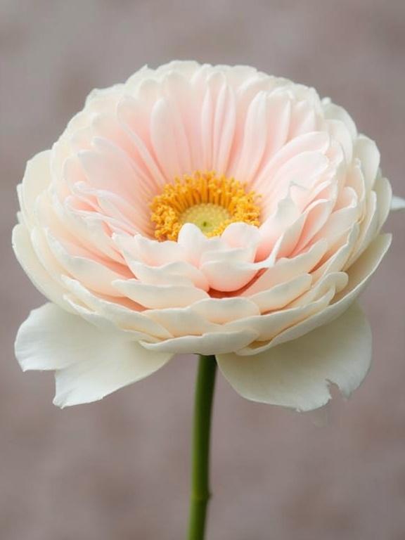 A stunning close-up of a pastel-colored flower with layers of petals. It has a soft pink center and white outer petals. The flower is placed against a simple background highlighting its features.