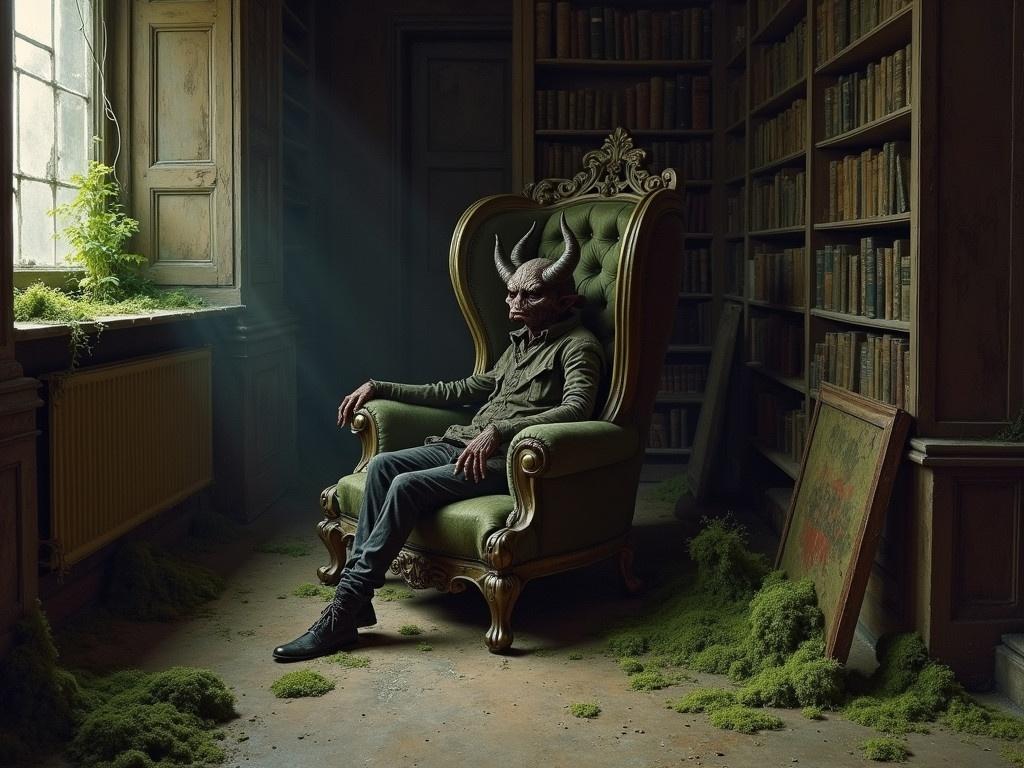 Art by Ilya Repin depicts a creature with horns and four eyes sitting on an old, ornate chair in a gloomy library. The atmosphere is dark and creepy, with shadows lurking in the corners. Moss and dust have accumulated on the furniture and floor, giving the room an abandoned feel. Bookshelves filled with old books line the walls, adding to the sense of neglect. Sunlight filters in through a grimy window, casting eerie light into the dim space. The overall composition is carefully arranged, emphasizing the creature's ominous presence among the dilapidated surroundings.