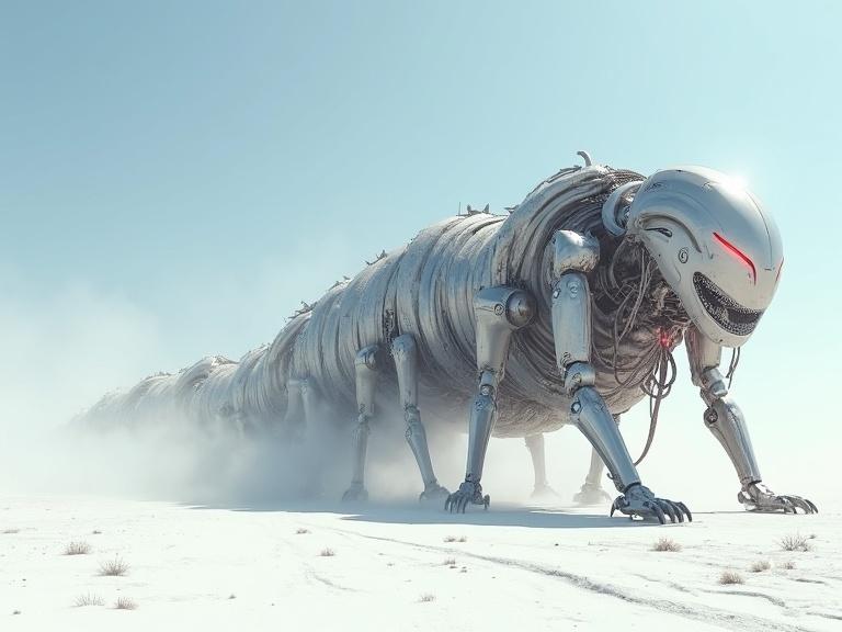 Create an image of a 100ft long sleek bulky silver biomechanical robot worm in a white desert. The creature has glowing red LED lights and detailed metallic textures. Include drill bits, digger features, wires, and small exhaust holes. The scene captures dust and sharp pieces under a sunny blue sky with realistic details and shadows.