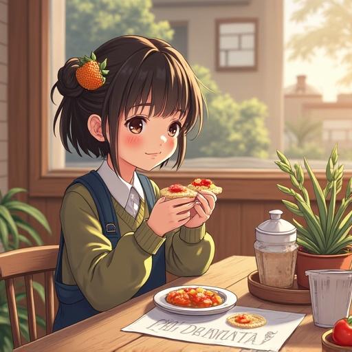 Young girl in casual attire with round glasses sits at a table with snacks. Green plants and window in the background.